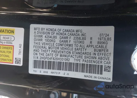 2025 Honda Civic Hybrid Sport/Sport Touring z USA, uszkodzony, nr VIN 2HGFE4F82SH301062